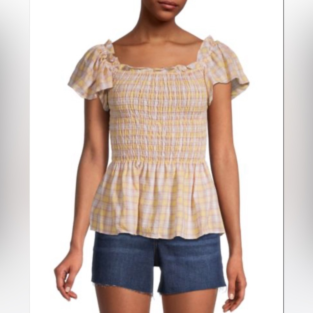 Max Studio Yellow Check Flutter Sleeve Smocked Top